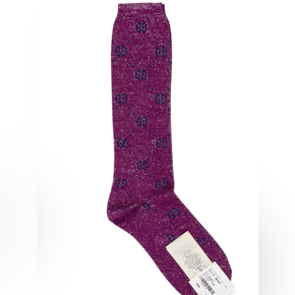 GUCCI SIGNATURE LUREX LOGGINA LOGO GG PATTERN PURPLE BLUE SOCKS XL 12